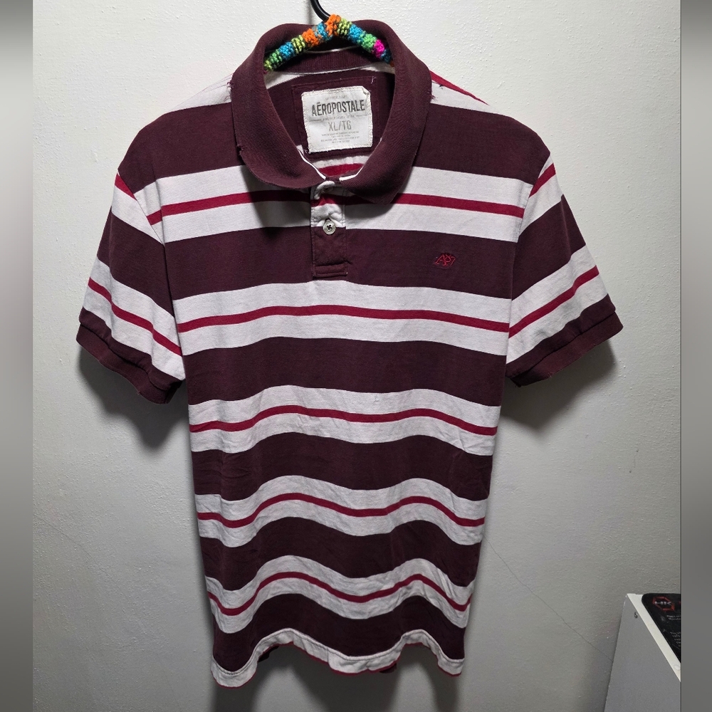 Aeropostale Maroon and White Striped Polo Shirt